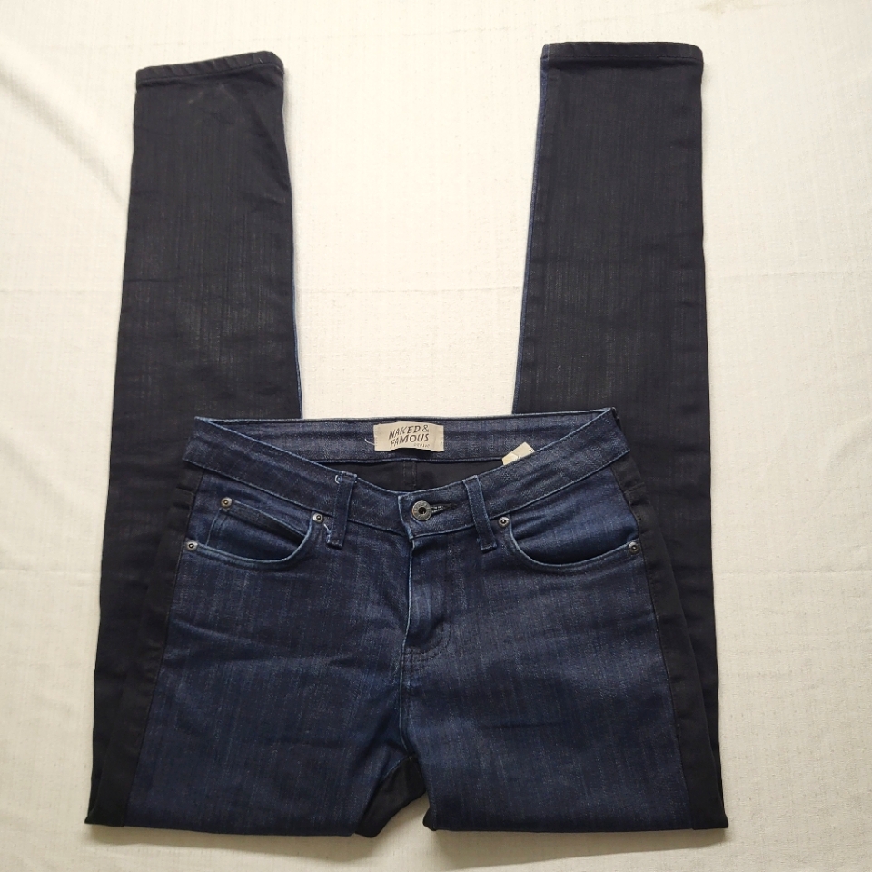 Naked & Famous Jeans Super Skinny Mens 29/33 Blue Black Dark Wash Punk Rock Logo